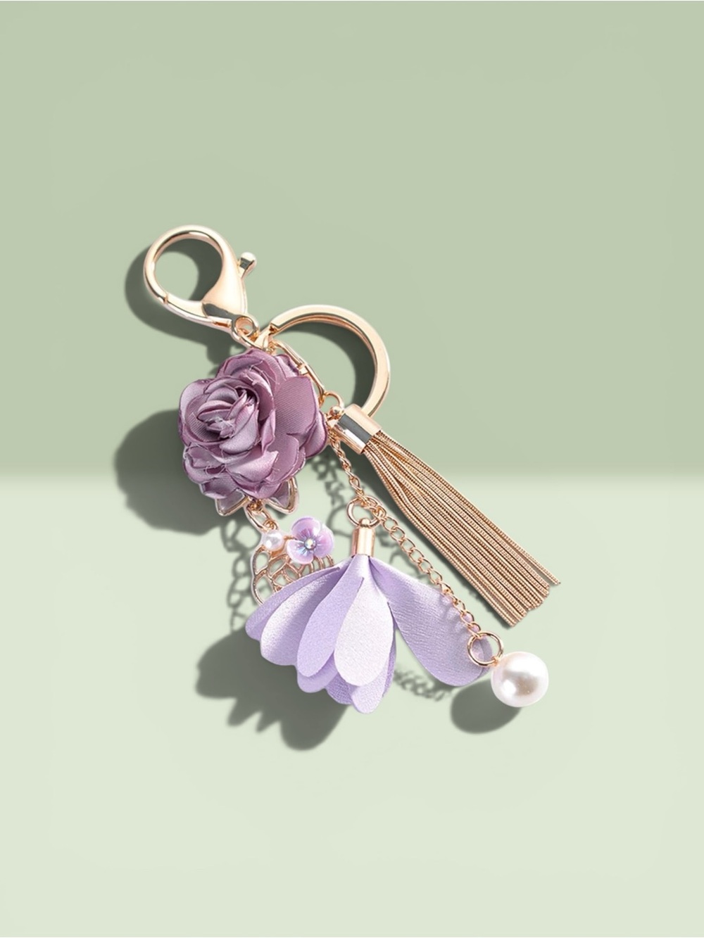 NWT Rose Flower Tassel Keychain & Purse Charm Purple/Gold - Picture 4 of 5